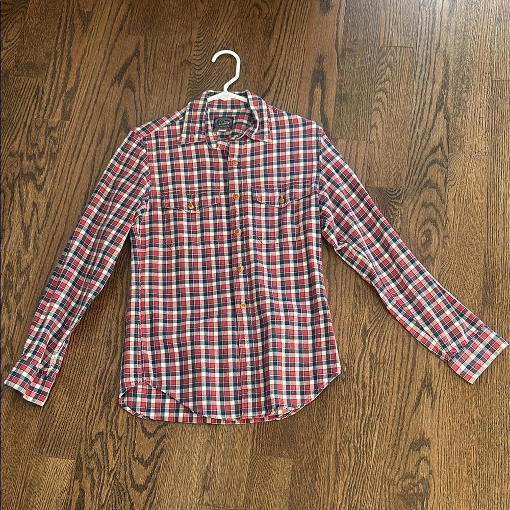 Red and Blue Casual Button Down Shirt with Plaid Pattern